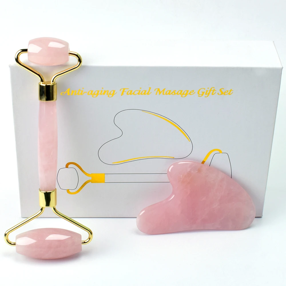 

Free shipping High quality 100% Best Natural Stone Rose Quartz Welded Facial Massage Jade Roller gua sha gift box set, Pink