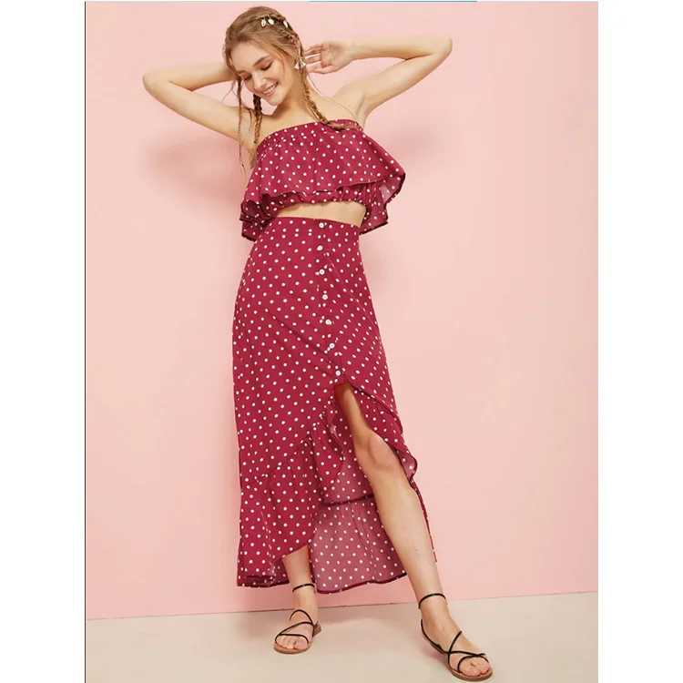 

BH-053 latest polk dot print sexy girls off shoulder ruffle shirt high waist skirt outfits bohemia maxi long dresses women, Picture shown, 5 floral patterns you can choose