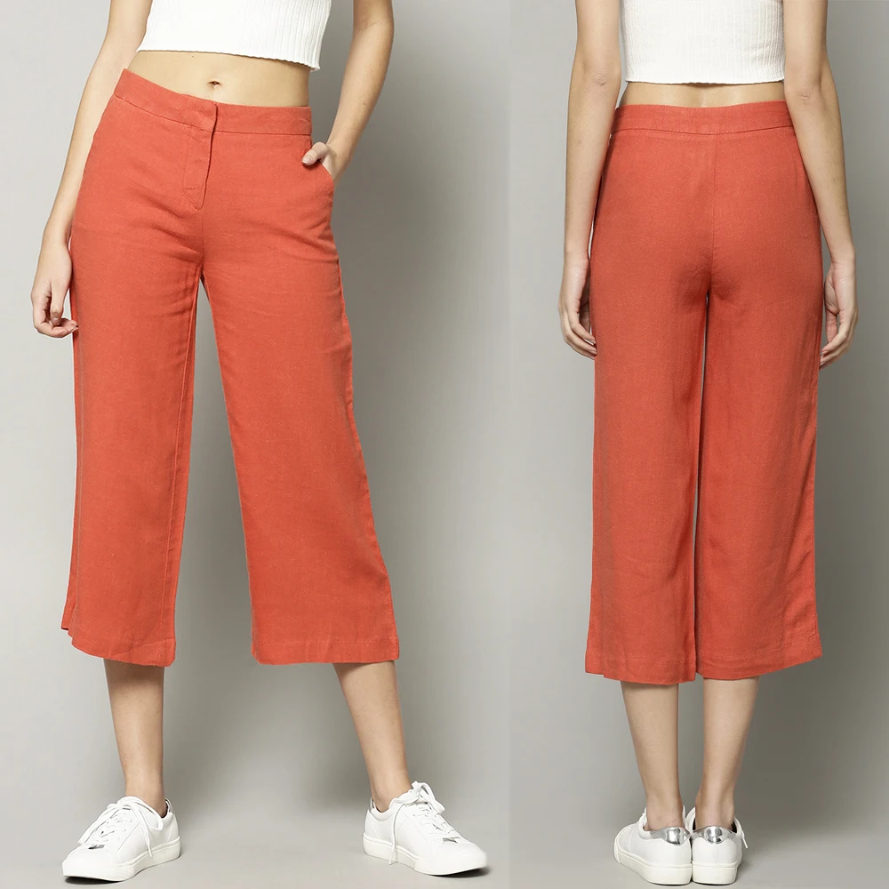 

Women fashion custom linen red pants with front zipper fly, Red or customized