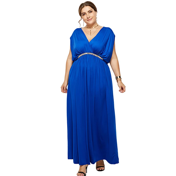

Blue Waist Decor V Collar Loose Maternity Womens Maxi Dress Long Big Size, As show