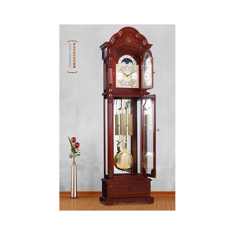 

Antique Solid Wood Grandfather Clock With German Mechanical Movement Floor clocks Chimes, Red