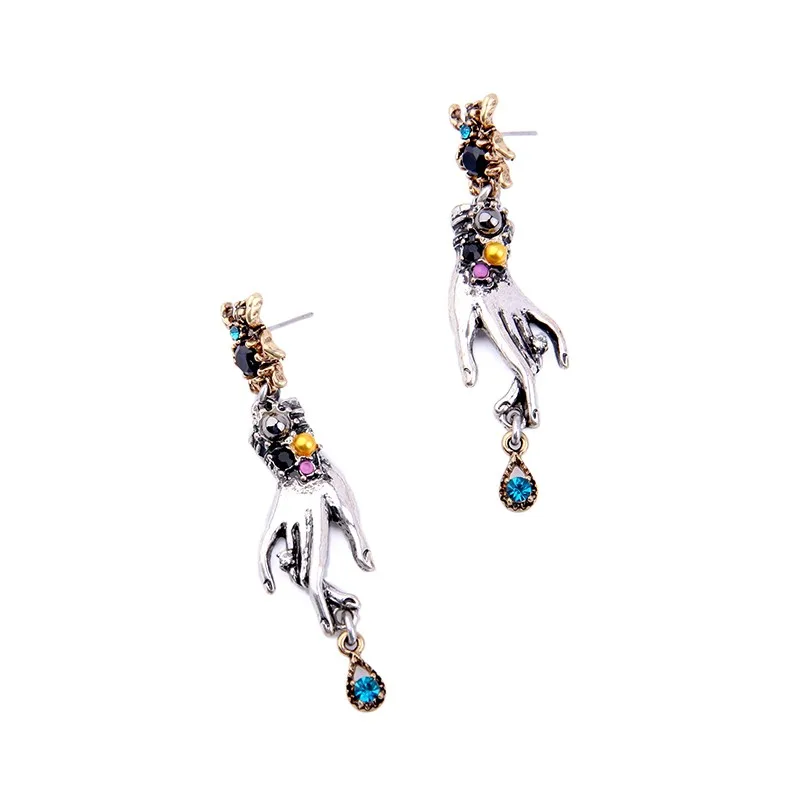 

ed01417 Creative Vintage Hand-shaped Colorful Diamond Spider Pendant Earrings 2021, As pictures