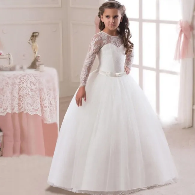 

4 -14Y Kids Girls Long Lace Flower Party Prom Dresses Kid Girl Princess Wedding Long Sleeve Children First Communion Dress Y1067, Can follow customers' requirements