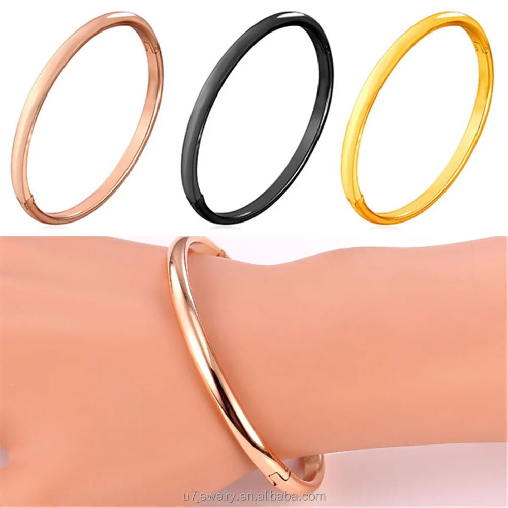 

U7 Simple Style Bangle Fashion Jewelry Wholesale Men/Women Gift Trendy 18K Real Gold Plated Copper Round Bracelets Bangles, Gold/platinum plated