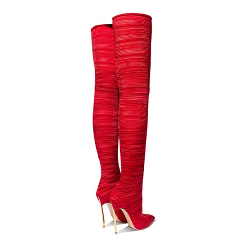

WETKISS Fetish Pointy Toe Over Knee Boots Satin Solid High Stiletto Heel Sock Boots Women Sexy Wrinkle Thigh High Boots Stretch