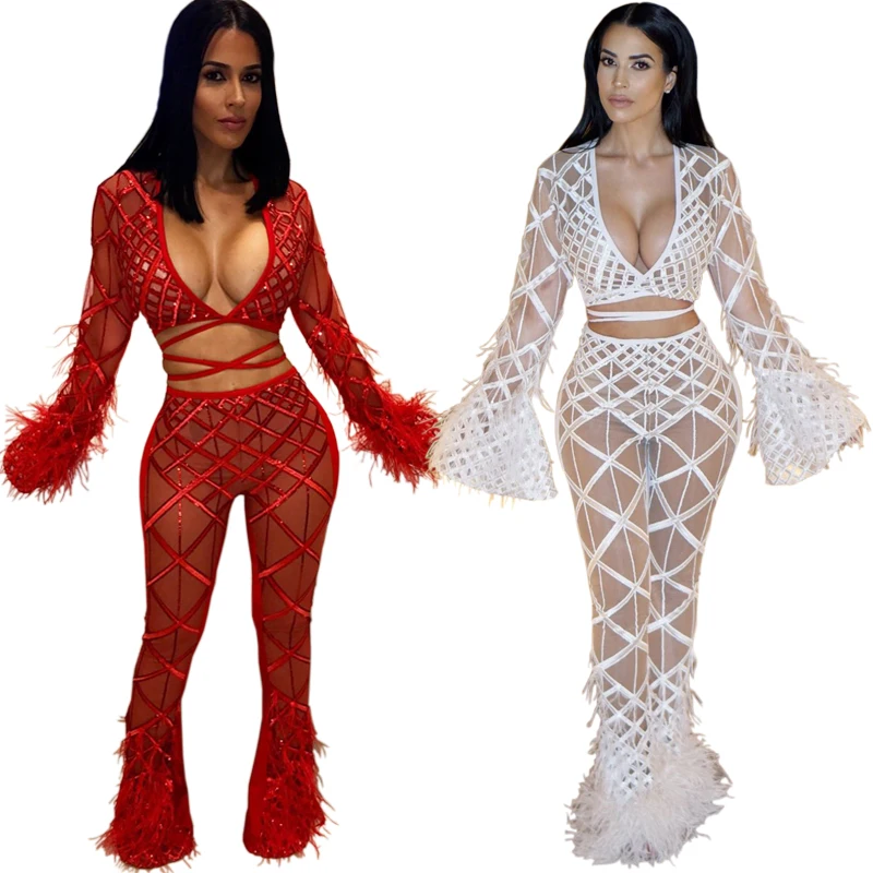 FM-CY8044 Hot Sexy Pants Set Dancing Costume Set outfits Blouse+Pants Lace Mesh Red Jumpsuits Women