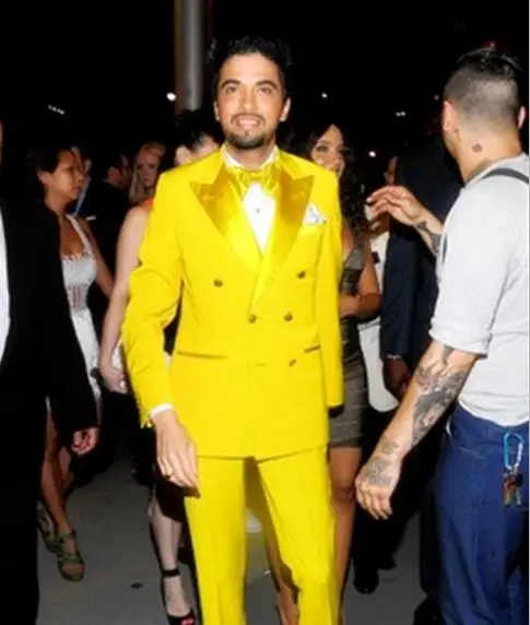 

Custom men's slim fit suit groom wedding ball gown suit (coat + pants + vest), Yellow