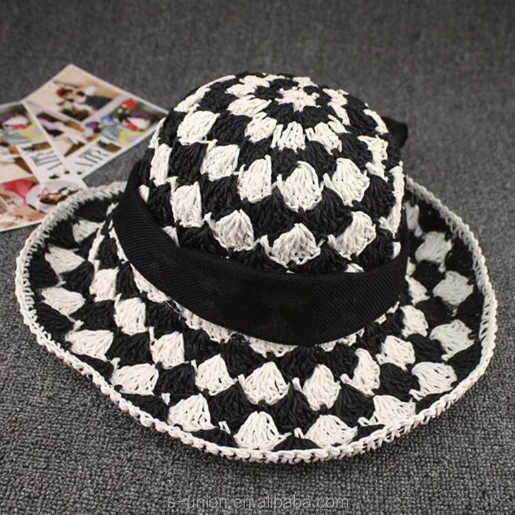 

Fancy summer styles black white checked lady crochet hats women hand made crochet beach sun hats (SU-SSH122)