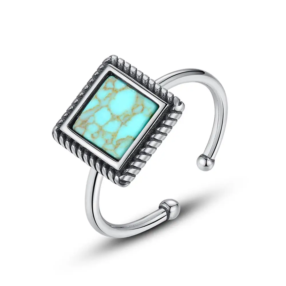 

CZCITY Vintage Adjustable Ring Silver Turkey Diamond Turquoise Statement Square Stone Ring