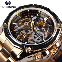 

Forsining Steampunk Automatic Watch Gold Stainless Steel Skeleton Luxury Men Watch