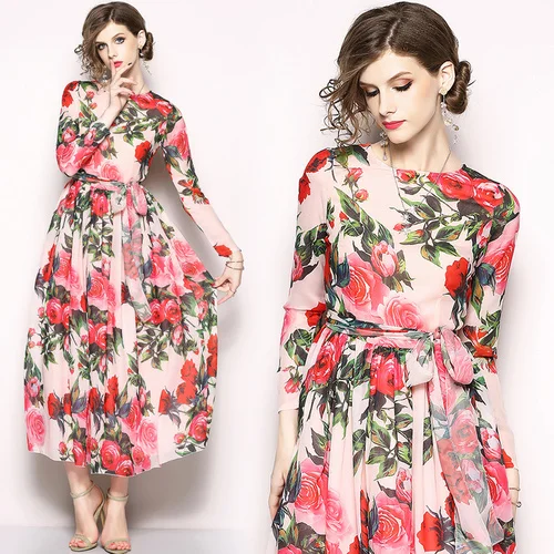 

Spring Vintage Women Clothes Print Dresses Big Swing Floral Casual Dress