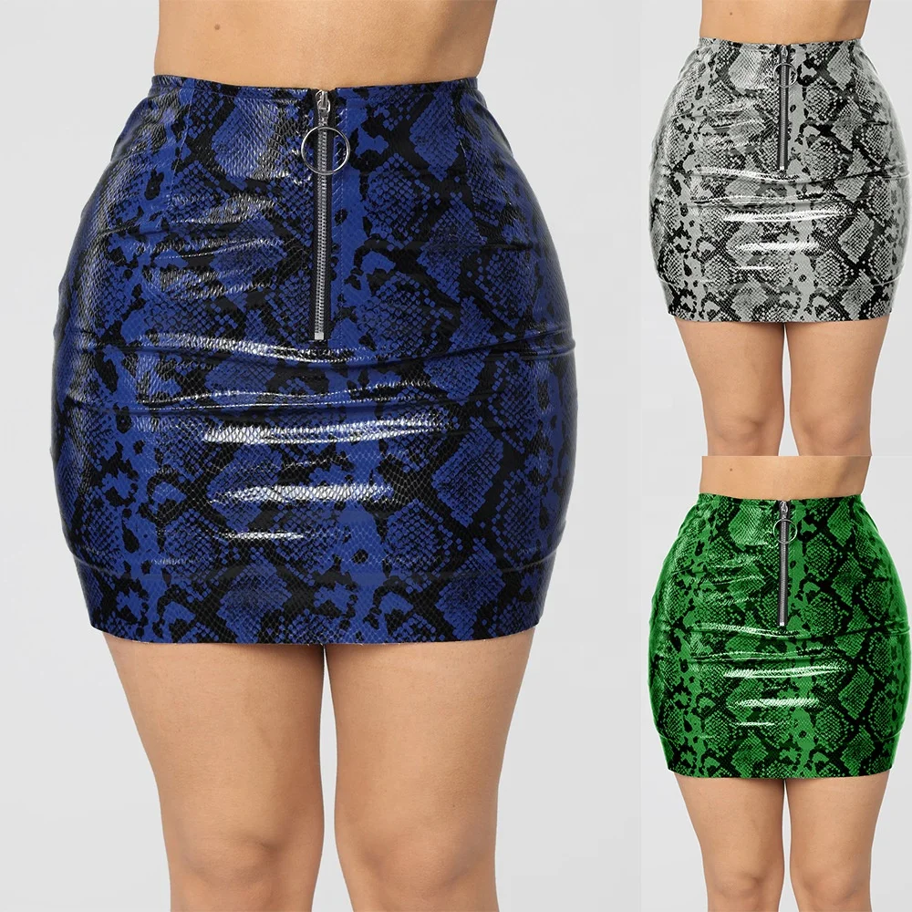 

Bodycon tight A line hot girl skirt 2019 latex wish new design spring high waist women snakeskin printed pu skirts, Blue;white;green
