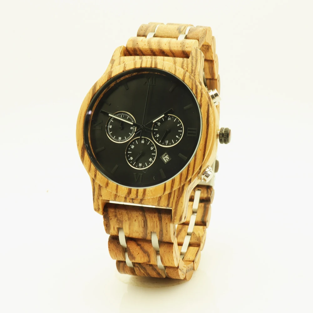 

Chronograph design quartz movement zebrano and black sandal wooden watches for men and women