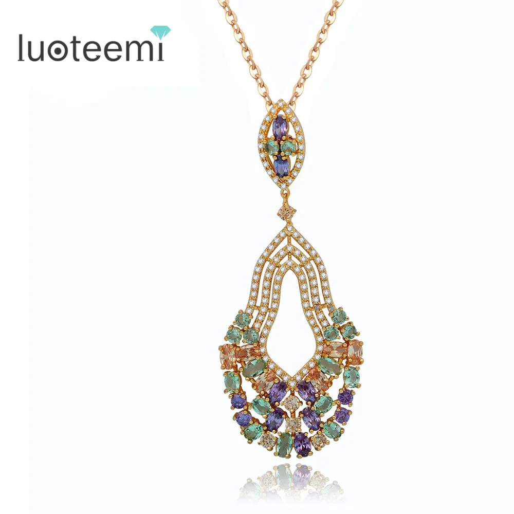 

LUOTEEMI Champagne Gold Plated Multi Cubic Zircon Diamond Large Pendant Bohemian Necklace For Women, N/a