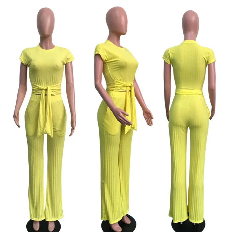 2019 hot sell 6colors women clothing ol office ladies two piece Outfits (crop top+wide leg pants) 2 Piece Set