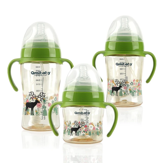 

BPA free wide neck baby feeding bottle with handle PPSU unbreakable milk bottles, Green