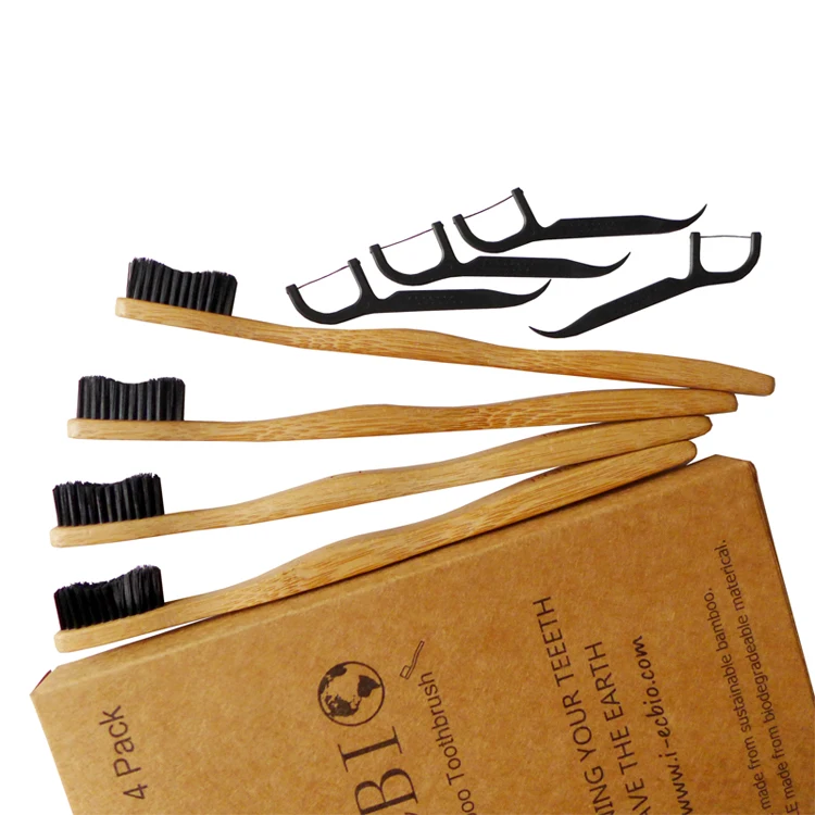 

100% Natural Eco-Friendly Charcoal Bamboo Toothbrush 4 Pack Custom Logo Soft Bristle Moso Bamboo Toothbrush