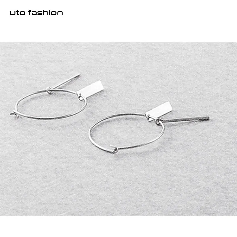 

E00611 925 silver handmade Full Circle Geometric Pendant Hoop Open rectangle Earrings and Bar