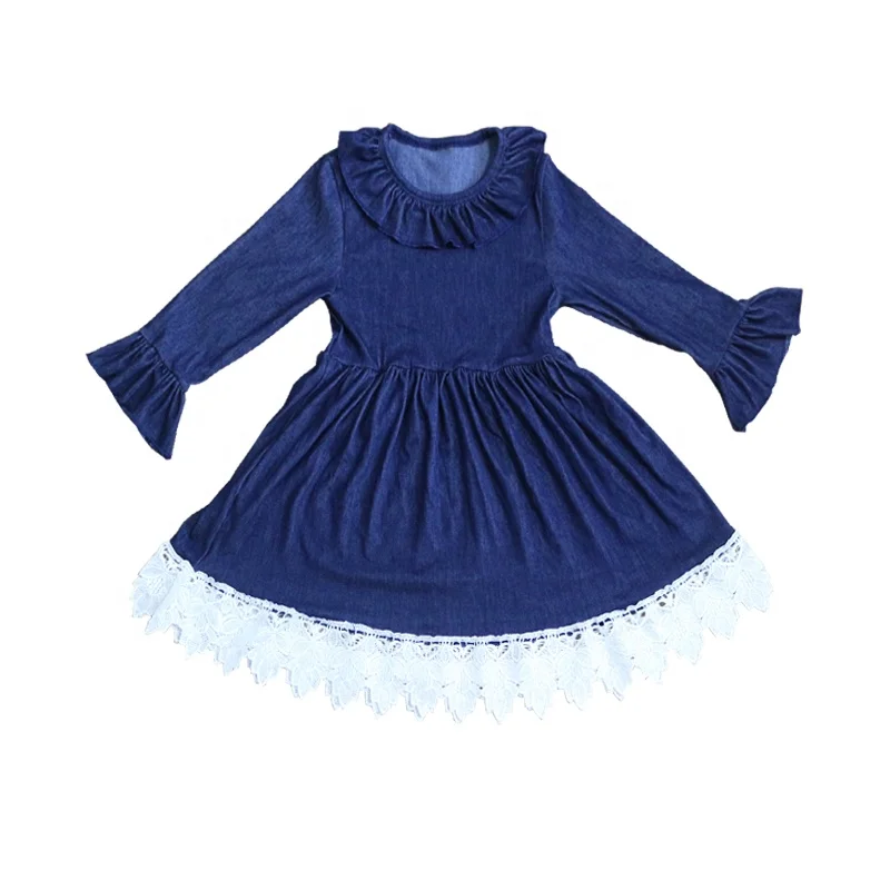 

Baby Smocked Girl Jeans Long Dress Lace Hem Dress Latest Baby Girl Ruffle Frock Design Navy Child Fall Dress