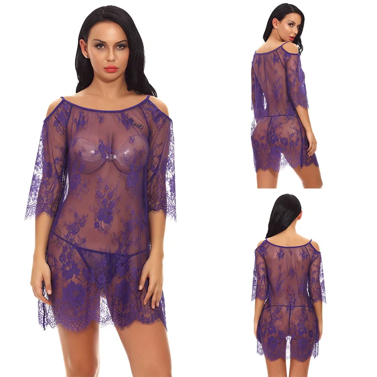 

Wholesale High Quality Lace Navy Purple Floral Women Lingerie Mini Dress