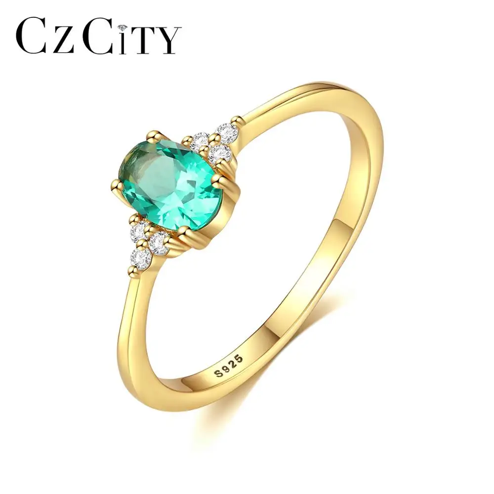 

CZCITY Latest 18K Gold Women Jewelry Cheap 925 Sterling Silver Large Oval Shape Green Gemstone Rings