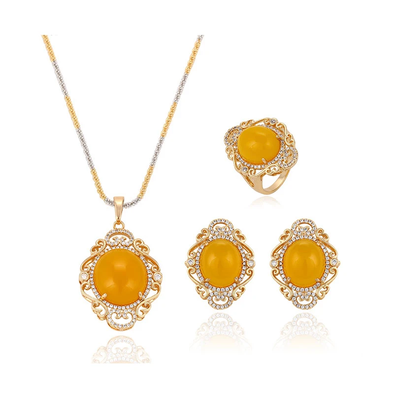

63578 Princess accessories jewelry temperamental yellow opal gold three pieces set fashion jewelry