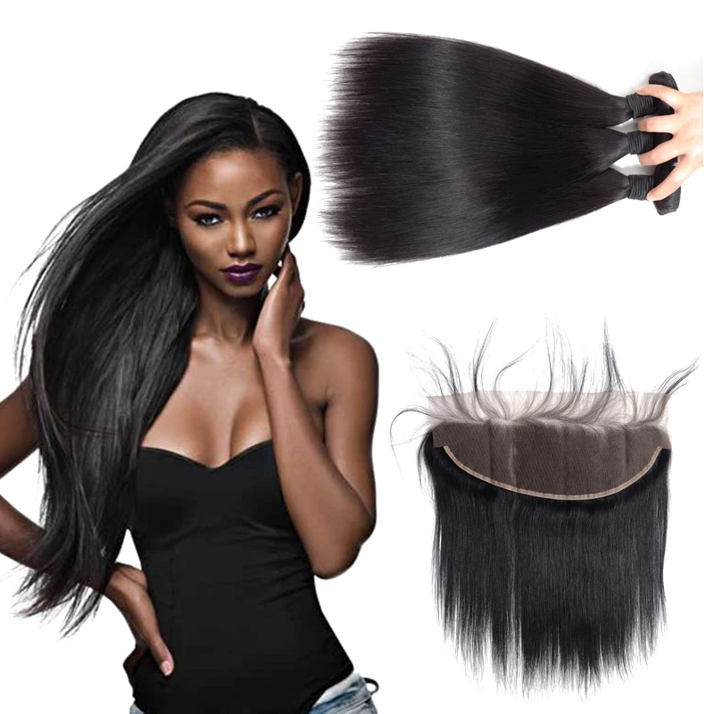 

Brazilian Straight Hair Weave Bundles with 13x4 Ear to Ear Lace Frontal Closure Unprocessed Human Hair Extensions