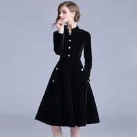 

Women Elegant Velvet Dress Autumn Winter Long Sleeve Black Dress Midi-length Ladies