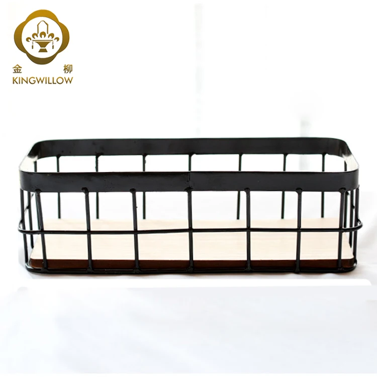 

Rectangle black white metal wire storage basket with wood bottom, Customized color