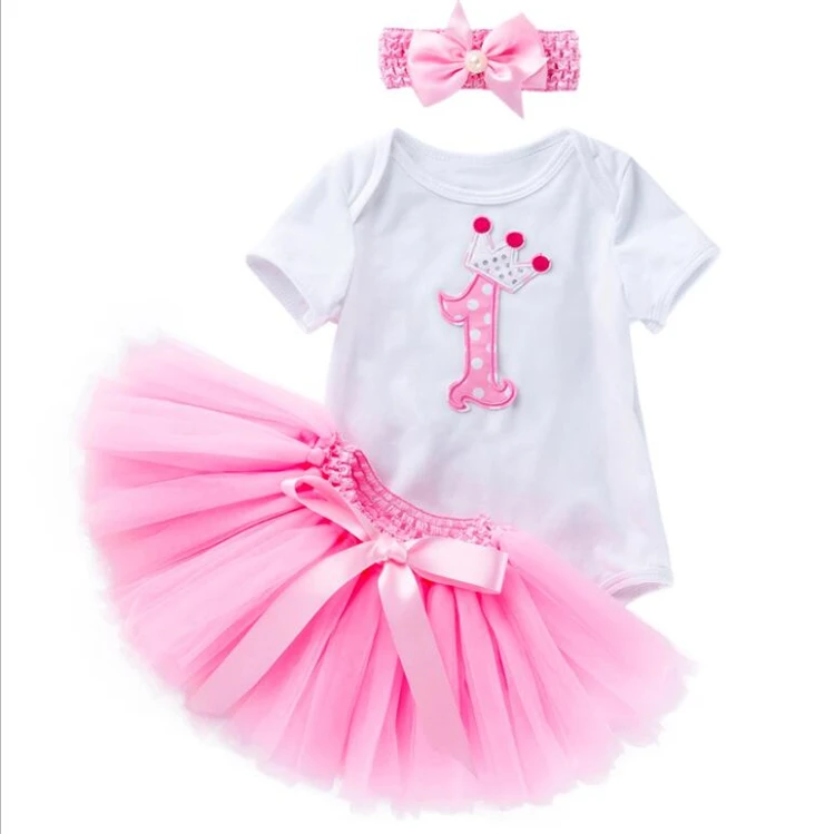 

LSF04 Newest Baby Girl Clothes Infant White Rompers Jumpsuit Pink Tutu Skirts 3 Pcs Girls Newborn Birthday Clothings Sets Summer, As the picture show
