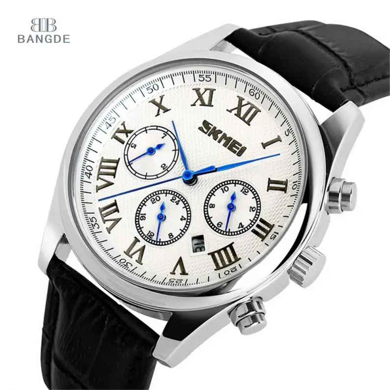 

SKMEI 9078 silver men clock hands wrist watch custom analog watch simple watch genuine leather, 3 colors