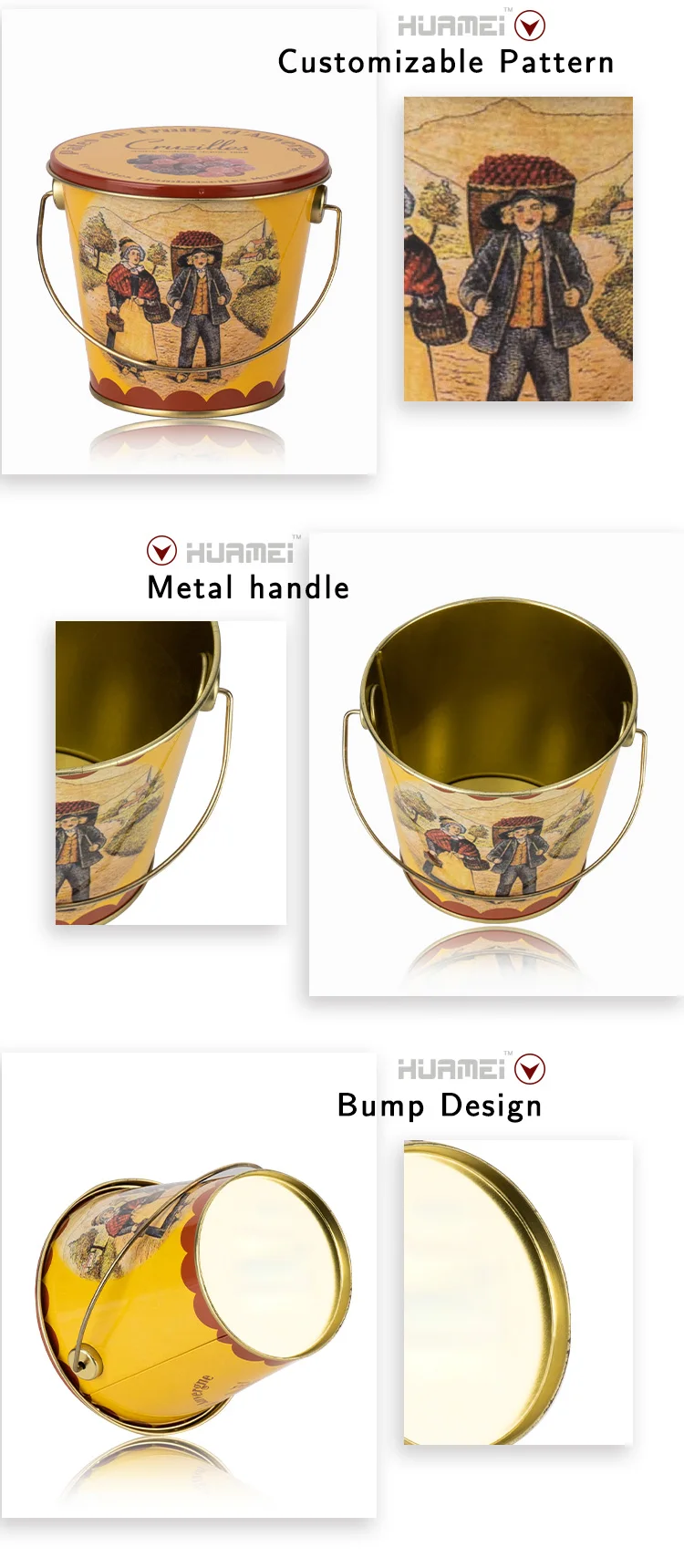 OEM Service Food Grade Round Tin Ice Bucket with Metal Handle