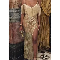 

fashion Design Gold Sexy off shoulder spaghetti strap sequin beaded split women evening Cocktail Party Tassel dress Fringe gowns
