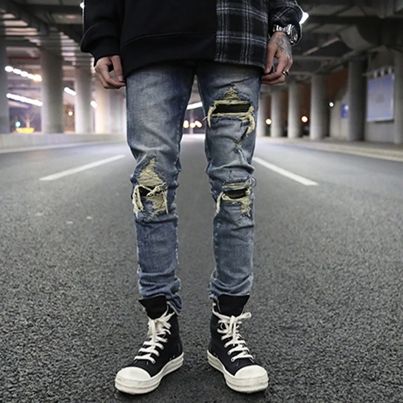 

OEM patchwork knee ripped skinny biker denim jeans men slim fit stretch feet pants street washed trousers stock dropshipping