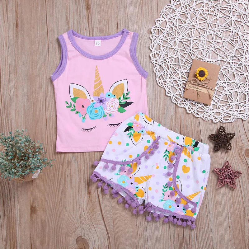 

RTS pink flower printed kids wear little girls summer clothes set