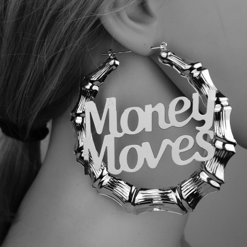 

Round Bamboo Exaggerated Big Earrings English alphabet Money Moves" Bamboo Earrings, Gold;silver;gun black