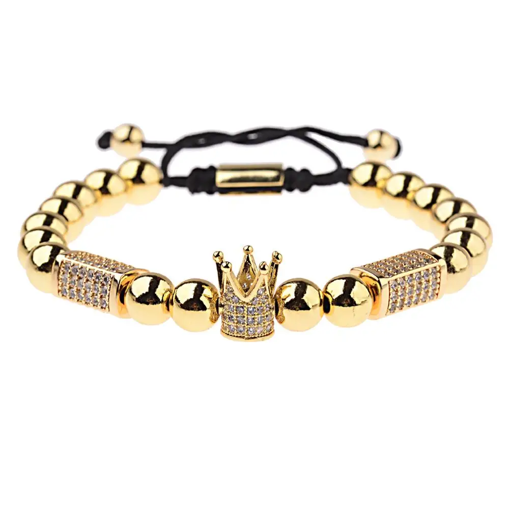 

No Fade 8mm Real Gold Plated Copper Bead Micro Pave CZ Imperial Crown Charm Braided Macrame Bracelet Pulseira Masculina