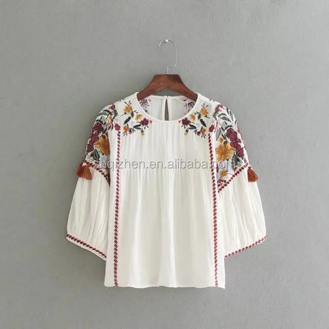 

Fashion design European and American style half sleeve cotton embroidered women summer blouse tops, White
