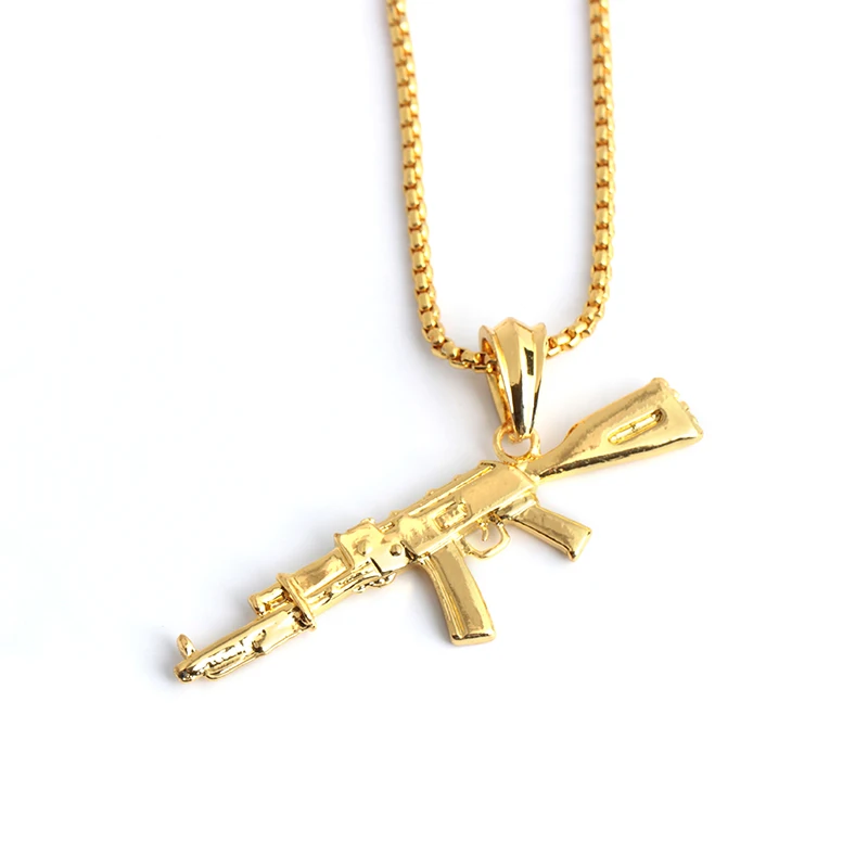 

free sample hiphop AK Submachine gun shape gold sliver black chain personalized pendant necklace jewelry for unisex