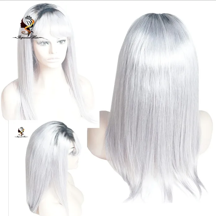 Overnight Delivery Gray Looking 100%brazilian human hair full lace wigs with bangs