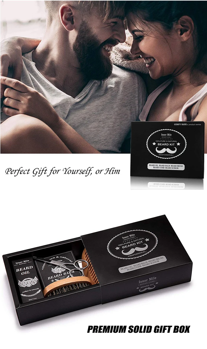 [Isner Mile] OEM/ODM Private label Men's 100% Natural Boar Bristle Beard Balm Wax Comb Brush Shaper Beard Kit 6 items
