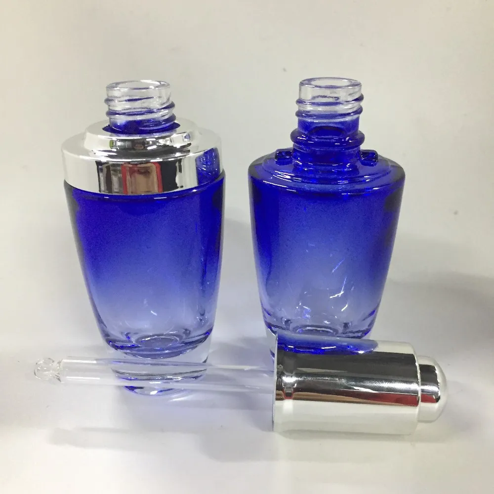 30ml Luxury Blue Glass Serum Lotion Bottle With Silver Dropper/pump