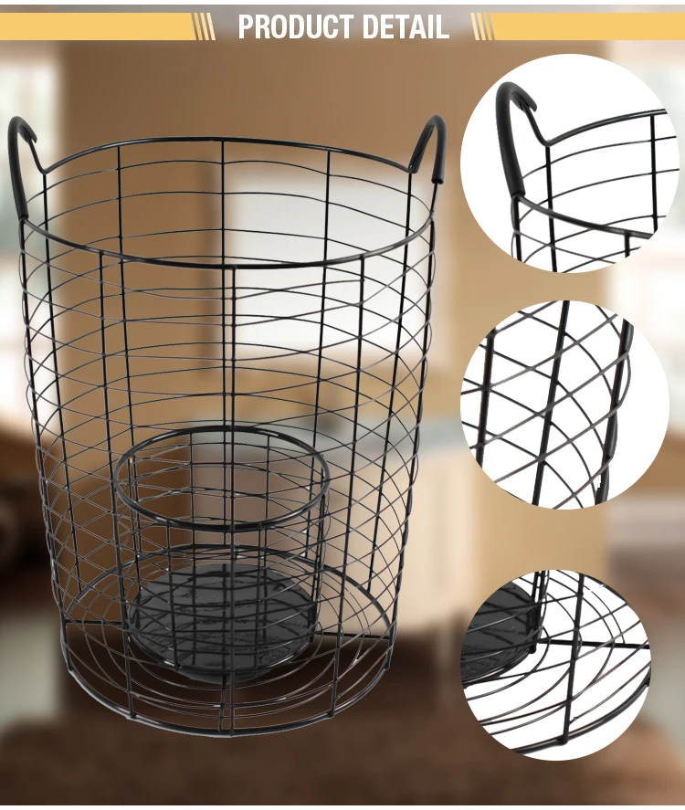 Multifunctional Black Metal Wire Bathroom Laundry Storage Basket With