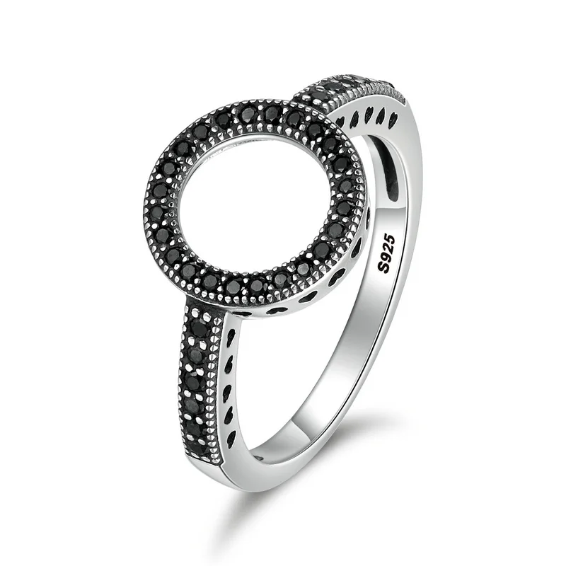 

New Trendy 925 Sterling Silver Forever Black Zircon Round Finger Ring