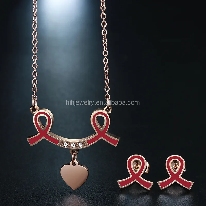Mode Sieraden Borstkanker Roze Lint Oorbellen Ketting Sieraden Set emaille oorbellen voor vrouwen groothandel