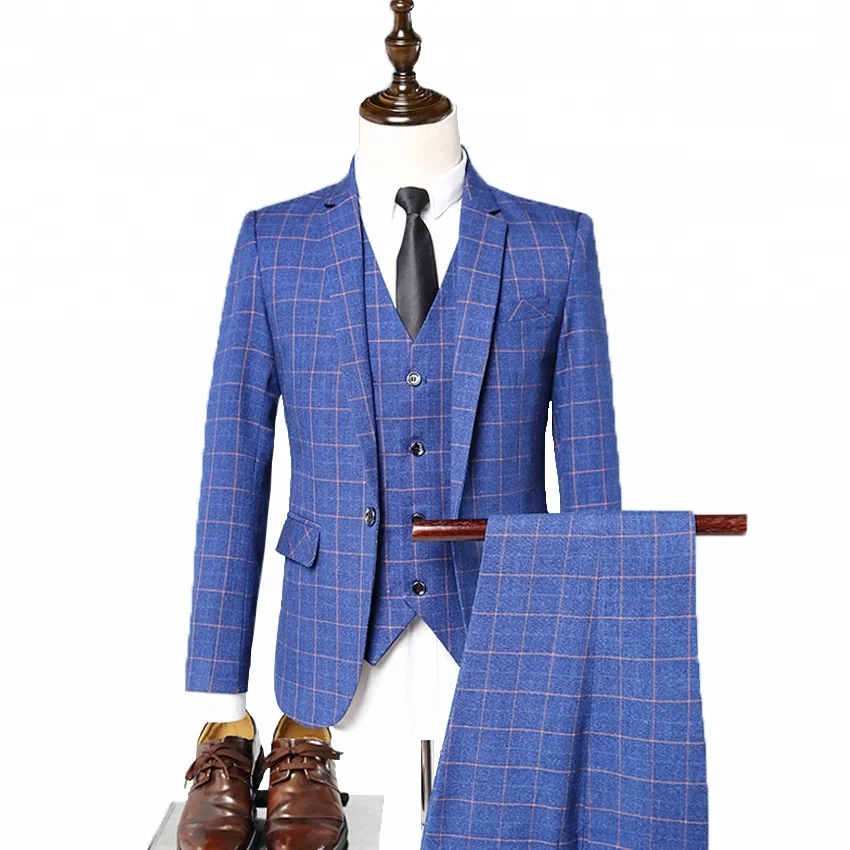 

In-Stock Factory Casual Slim Retro Cotton Mens Plaid 3 Pieces Coat Pant Suit, Grey;red;blue