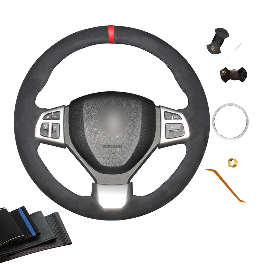 

Hand Sewing Stitching Full Black Suede Leather Steering Wheel Cover Wrap Red Strip for Suzuki Swift 2014 2015 2016