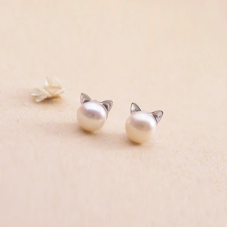 

925 Silver Lovely Freshwater Pearl Cat Kitty Head Stud Earrings For Women Gift