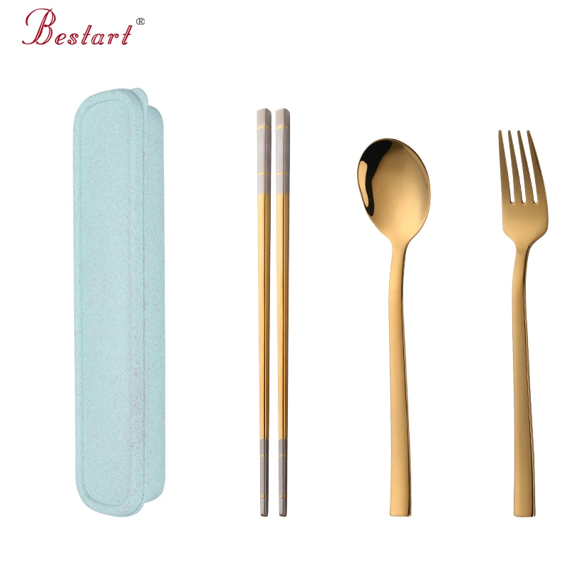 

New products kids baby reusable gold fork spoon chopstick cutlery set, Silver;gold;rose gold;black;blue;purple;rainbow