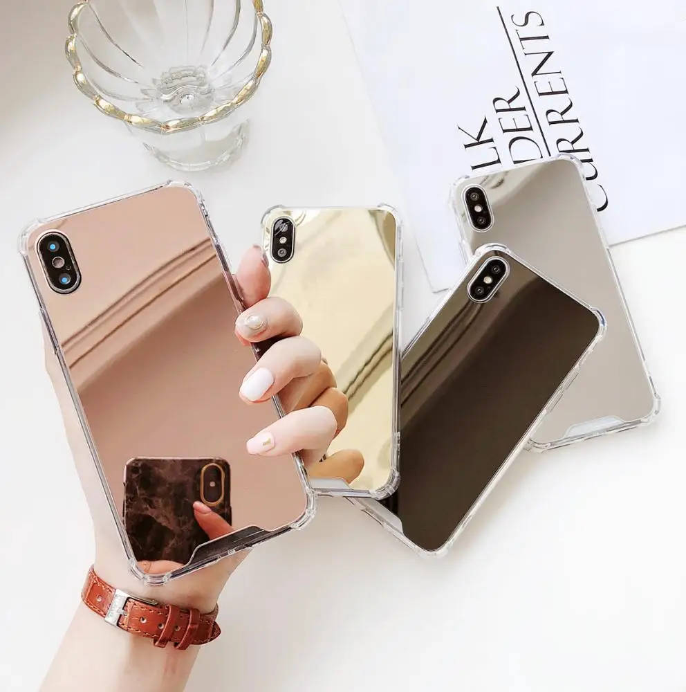 China quadrangle drop resistance TPU soft side reflective mirror back phone case for iphone